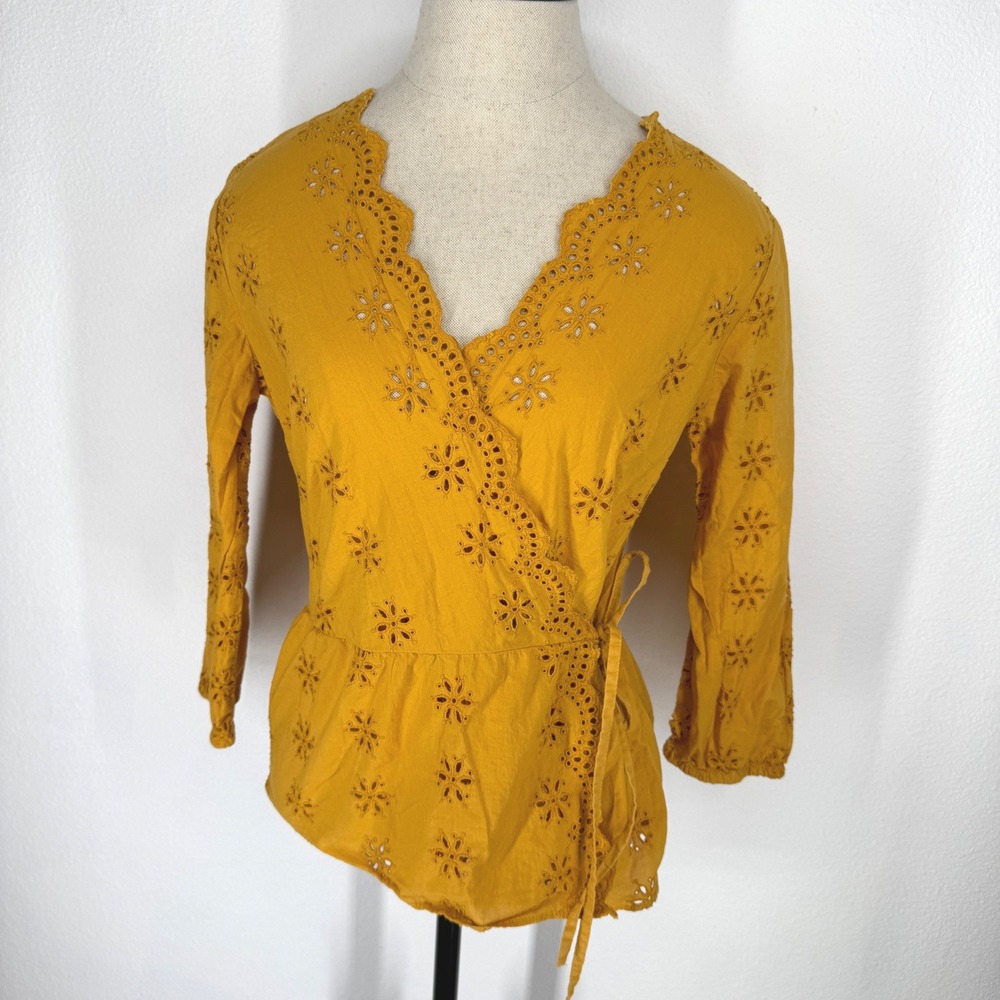 Madewell Eyelet Boho Wrap Top Mustard Yellow‎ Floral Scallop Festival XS Cottage